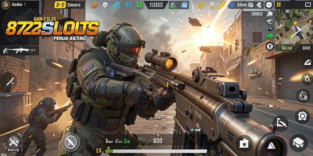 Screenshot utama 8728SLOTS menampilkan aksi tembak-menembak yang seru.