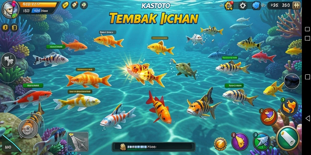 Screenshot gameplay KASTOTO menampilkan aksi menembak ikan.