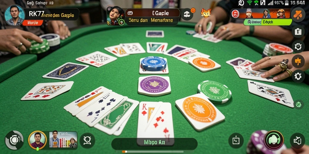 Screenshot utama RK77 menunjukkan suasana permainan Gaple yang seru.